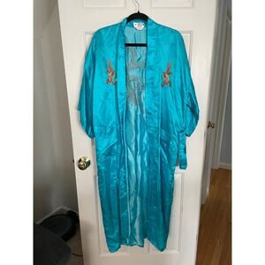 Vintage Golden Dragon Medium Hand Embroidered 100% Silk Chinese Kimono Robe Blue